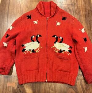 VINTAGE 50s Goose Cowichan 100% Wool Zip Cardigan Sweater Mary Maxim Red